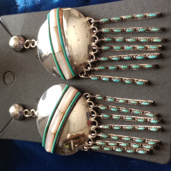 Native American Mother Of Pearl & Turquoise Sterling Silver Dangle Stud Earrings - Picture 4 of 16